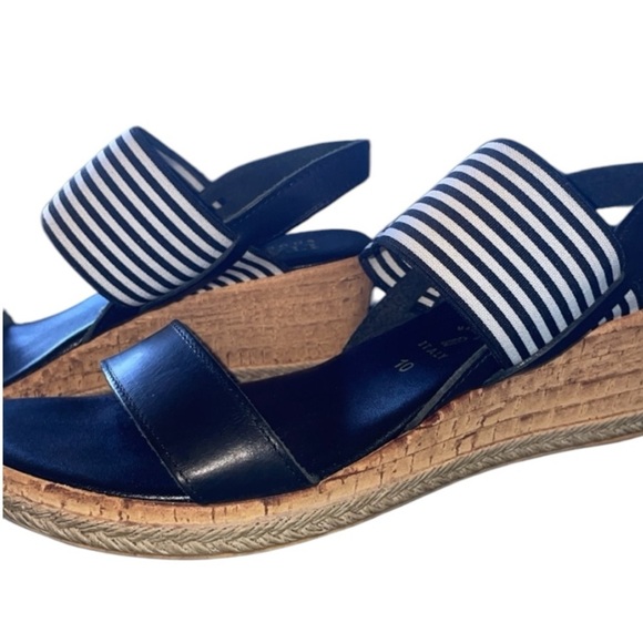 Italian Shoemakers Black/White Stripe Wedge Cork Rope Sandals Stretch Band Sz 10 - Picture 1 of 9